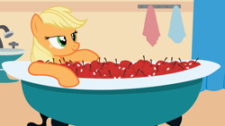 Size: 1280x720 | Tagged: safe, artist:forgalorga, derpibooru import, screencap, applejack, earth pony, pony, apple, bath, bathing, bathtub, everypony is strange, food, show accurate, solo, that pony sure does love apples