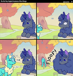 Size: 878x911 | Tagged: safe, artist:sky-railroad, artist:viwrastupr, oc, oc only, oc:kno change, kirin, pony, comic:the not very magical adventures of kno change, chest fluff, fluffy, kirin oc, pun in description, silly, snow, snowflake, tree, unnamed oc, winter fluff