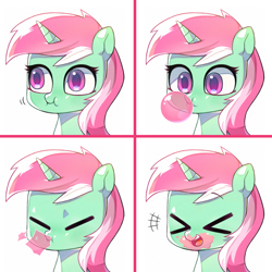 Size: 1000x1000 | Tagged: safe, artist:9seconds, minty bubblegum, pony, unicorn, ><, background pony, bubblegum, bust, chewing, cute, eating, eyes closed, female, food, gum, mare, open mouth, portrait