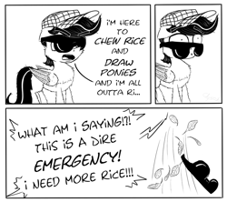 Size: 1024x911 | Tagged: safe, artist:chopsticks, oc, oc only, oc:chopsticks, pegasus, comic, dialogue, hat, male, monochrome, reference, solo, sunglasses, text