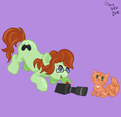 Size: 1536x1483 | Tagged: safe, artist:amynewblue, oc, oc only, cat, earth pony, camera, commission, green, photography, playstation, solo, video game