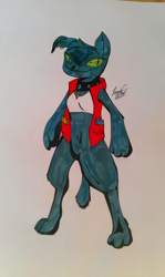 Size: 448x750 | Tagged: safe, artist:lucas_gaxiola, oc, oc only, anthro, diamond dog, digitigrade anthro, clothes, diamond dog oc, female, irl, photo, simple background, solo, traditional art, vest, white background