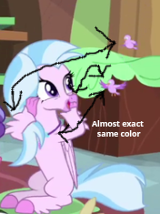 Size: 176x235 | Tagged: safe, artist:gooeybird, edit, edited screencap, screencap, silverstream, bird, hippogriff, teacher of the month (episode), spoiler:interseason shorts, 1000 hours in ms paint, animal, arrows, cropped, hands on face, happy, ironic, looking at something, open mouth, say what, sitting, solo, why
