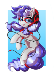 Size: 481x670 | Tagged: safe, artist:ask-colorsound, oc, oc only, oc:cinnabyte, earth pony, pony, bandana, dork, female, glasses, headphones, headset, looking at you, mare, neckerchief, smiling, solo