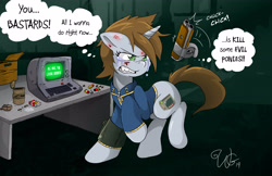 Size: 5100x3300 | Tagged: safe, artist:willdabeard, oc, oc:littlepip, pony, unicorn, fallout equestria, angry, appleloosa, ashtray, cigarette, clothes, colored, comic, crying, cutie mark, fanfic, fanfic art, female, gritted teeth, gun, handgun, hooves, horn, levitation, magic, mare, pipbuck, raised hoof, shotgun, solo, telekinesis, terminal, thought bubble, vault suit, weapon