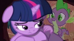 Size: 1920x1080 | Tagged: safe, screencap, spike, twilight sparkle, unicorn twilight, dragon, pony, unicorn, magical mystery cure, comforting, female, floppy ears, golden oaks library, mare, sad