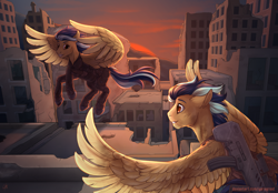 Size: 3600x2500 | Tagged: safe, artist:yarugreat, oc, pegasus, pony, duo, gun, ruins, weapon