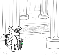 Size: 640x600 | Tagged: safe, artist:ficficponyfic, oc, oc:larimar, earth pony, pony, carpet, circlet, colt, colt quest, cyoa, foal, jewelry, male, monochrome, pillar, room, solo, spear, story included, sword, temple, tiara, weapon