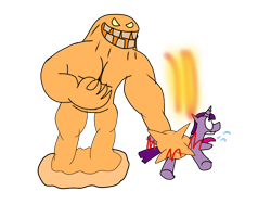 Size: 1024x768 | Tagged: safe, artist:strongbadbrotah, twilight sparkle, unicorn twilight, pony, unicorn, abuse, antagonist, batman, clayface, evil, evil grin, grin, hero, heroine, lutumkinetic shapeshifting, mutant, smiling, spit, twilybuse