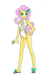 Size: 589x996 | Tagged: safe, artist:dadss_rootbeer, fluttershy, equestria girls, armpits, clothes, cutie mark, implied rarity, looking at you, one-piece swimsuit, simple background, smiling, solo, swimsuit, white background