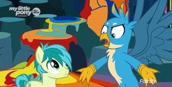 Size: 1916x974 | Tagged: safe, screencap, gallus, sandbar, earth pony, griffon, pony, uprooted, angry, cropped