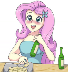 Size: 1711x1810 | Tagged: safe, artist:sumin6301, fluttershy, equestria girls, alcohol, beer, blushing, chips, drunk, drunkershy, eating, food, potato chips, solo