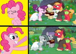 Size: 1053x759 | Tagged: safe, artist:themexicanpunisher, edit, edited screencap, screencap, big macintosh, marble pie, maud pie, mayor mare, pinkie pie, sugar belle, pony, the big mac question, cousins, eyes closed, female, hotline bling, looking at each other, male, marblemac, marriage, meme, shipping, straight, sugarmac