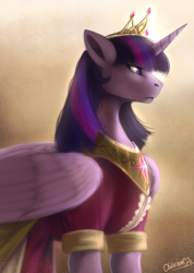 Size: 1415x1991 | Tagged: safe, artist:oblivionheart13, twilight sparkle, twilight sparkle (alicorn), alicorn, pony, clothes, coronation dress, crown, dress, female, jewelry, mare, peytral, profile, regalia, solo