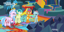 Size: 1915x975 | Tagged: safe, screencap, gallus, ocellus, sandbar, silverstream, smolder, changedling, changeling, classical hippogriff, dragon, earth pony, griffon, hippogriff, pony, uprooted, angry, cave of harmony, cropped, dragoness, female, male, paint, sapling, student six