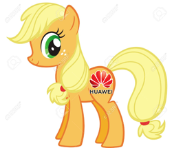 Size: 1300x1116 | Tagged: safe, derpibooru import, edit, applejack, oc, oc:huaweijack, earth pony, pony, 1000 hours in ms paint, female, freckles, green eyes, grin, huawei, logo, missing hat, needs more jpeg, nightmare fuel, obtrusive watermark, scary, simple background, smiling, solo, wat, watermark, white background