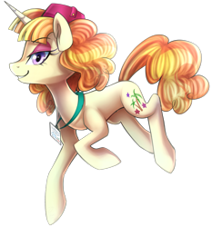 Size: 1370x1470 | Tagged: safe, artist:meotashie, tropical dream, pony, unicorn, background pony, cute, female, hat, lidded eyes, looking at you, mare, name tag, profile, simple background, solo, transparent background