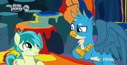 Size: 1911x985 | Tagged: safe, screencap, gallus, sandbar, earth pony, griffon, pony, uprooted, cave of harmony, cropped