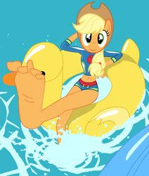 Size: 916x1080 | Tagged: safe, edit, edited screencap, editor:sonic ranger, screencap, applejack, anthro, better together, equestria girls, i'm on a yacht, applejack's hat, barefoot, base used, belly button, clothes, cowboy hat, feet, female, flutterfeet, foot focus, hat, humanoid, midriff, pony face, soles, solo, swimsuit, wiggling toes