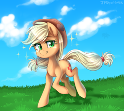 Size: 2000x1800 | Tagged: safe, artist:meotashie, applejack, earth pony, pony, cloud, cute, female, jackabetes, looking at you, mare, sky, solo