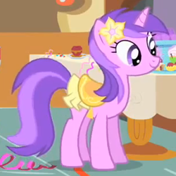 Size: 307x307 | Tagged: safe, screencap, amethyst star, sparkler, pony, unicorn, a bird in the hoof, background pony, clothes, cropped, female, flower, flower in hair, mare, saddle, skirt, solo, tack
