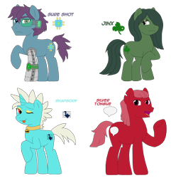 Size: 878x910 | Tagged: safe, artist:flawlessvictory20, oc, oc:jinx, oc:rhapsody, oc:silver tongue, oc:sure shot, cyborg, earth pony, pony, unicorn, eyeshadow, giveaway, makeup, oc adopt, scouter