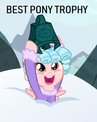 Size: 440x552 | Tagged: safe, edit, edited screencap, screencap, cozy glow, pegasus, pony, frenemies (episode), bell, best pony, clothes, cozybetes, cropped, cute, female, filly, freckles, grogar's bell, snow, solo, sweater