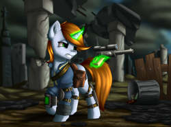 Size: 3000x2222 | Tagged: safe, artist:shido-tara, oc, oc only, oc:littlepip, pony, unicorn, fallout equestria, clothes, cloud, cloudy, commission, ear fluff, fanfic, fanfic art, female, glowing horn, gritted teeth, gun, handgun, high res, hooves, horn, levitation, little macintosh, magic, mare, optical sight, pipbuck, raised hoof, revolver, ruins, saddle bag, solo, telekinesis, vault suit, wasteland, weapon