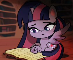 Size: 1223x1007 | Tagged: safe, artist:galacticflashd, twilight sparkle, twilight sparkle (alicorn), alicorn, pony, my little pony: pony life, book, cutie mark, female, library, mare, reading, sad, solo, wings