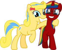 Size: 2715x2208 | Tagged: safe, artist:jeremeymcdude, oc, oc only, oc:honey spark, oc:skittle sweet, pony, unicorn, 2020 community collab, derpibooru community collaboration, duo, duo female, female, hug, reupload, show accurate, simple background, transparent background, vector