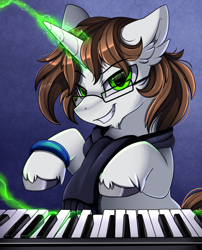 Size: 1424x1764 | Tagged: safe, artist:pridark, oc, oc:tai, pony, unicorn, bust, clothes, cloven hooves, commission, glasses, glowing horn, green eyes, horn, looking at you, magic, musical instrument, piano, portrait, scarf, smiling, solo, telekinesis, unshorn fetlocks