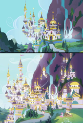 Size: 632x932 | Tagged: safe, screencap, classical hippogriff, hippogriff, pony, yak, the last problem, architecture, canterlot, comparison, new canterlot, waterfall