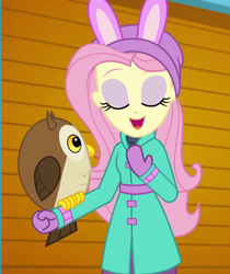 Size: 906x1080 | Tagged: safe, screencap, fluttershy, bird, owl, equestria girls, equestria girls series, holidays unwrapped, spoiler:eqg series (season 2), chad (owl), clothes, coat, cropped, cute, eyes closed, female, fluttershy's winter hat, hat, mittens, open mouth, self-storage facility, shyabetes, winter coat, winter hat, winter outfit