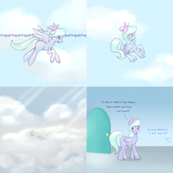 Size: 2562x2562 | Tagged: safe, artist:marikaefer, cloudchaser, flitter, pegasus, pony, ask flitter and cloudchaser, comic, door, female, flying, mare, offscreen character