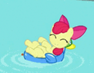 Size: 190x148 | Tagged: safe, screencap, apple bloom, earth pony, pony, twilight time, adorable face, adorabloom, bow, cropped, cute, happy, on back, picture for breezies, pool toy, smiling, solo, swimming pool, water