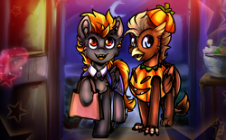 Size: 1454x900 | Tagged: safe, artist:deraniel, oc, oc:digidash, oc:grimvale, griffon, pegasus, clothes, costume, cute, halloween, halloween costume, holiday