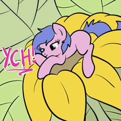 Size: 2100x2100 | Tagged: safe, artist:lannielona, pony, advertisement, commission, flower, leaf, prone, relaxing, solo, sunflower, tired, your character here