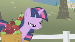 Size: 1334x750 | Tagged: safe, screencap, twilight sparkle, unicorn twilight, pony, unicorn, the ticket master, animation error, apple, food, great moments in animation, midblink, paused moment, smiling, twilight sparkle is best facemaker