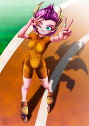 Size: 1821x2574 | Tagged: safe, artist:mauroz, smolder, human, anime style, bandaid, cameltoe, clothes, female, humanized, one eye closed, rollerblades, shorts, silhouette, smiling, solo, track, tracksuit, wink