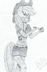 Size: 2991x4555 | Tagged: safe, artist:cypisek95, derpibooru import, applejack, anthro, earth pony, apple, belly button, cowboy hat, female, food, graph paper, hat, lined paper, one eye closed, simple background, solo, tongue out, traditional art, white background