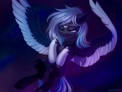 Size: 2000x1500 | Tagged: safe, artist:hakaina, oc, oc only, oc:sirius-b, pegasus, pony, ear fluff, flying, night, night sky, peaceful, sky, solo, two toned wings, wings