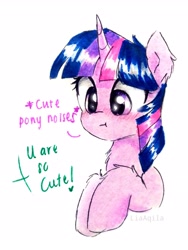 Size: 2216x2954 | Tagged: safe, artist:liaaqila, part of a set, twilight sparkle, pony, :t, blushing, chest fluff, cute, descriptive noise, dialogue, ear fluff, female, horse noises, leg fluff, mare, offscreen character, solo, traditional art, twiabetes