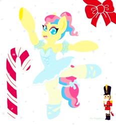 Size: 859x931 | Tagged: safe, artist:kittysoftpaws-o3, oc, oc:twinkle toes, arms out, ballerina, ballet, ballet slippers, bow, candy, candy cane, christmas, clothes, food, holiday, nutcracker, on one leg, ribbon, snow, tights, tutu