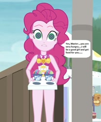 Size: 516x622 | Tagged: safe, edit, edited screencap, editor:thomasfan45, screencap, pinkie pie, better together, equestria girls, too hot to handle, 1000 hours in ms paint, blank expression, clothes, cropped, cute, enslaved, geode of sugar bombs, hypnosis, hypnotized, looking forward, magical geodes, male, master, offscreen character, offscreen male, one-piece swimsuit, slave, snow cone, solo, speech bubble, story included, swimsuit, swirly eyes