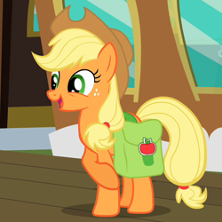 Size: 540x540 | Tagged: safe, screencap, applejack, earth pony, pony, the last roundup, applejack's hat, cowboy hat, cropped, cute, female, freckles, hat, jackabetes, mare, open mouth, raised hoof, saddle bag, smiling, solo
