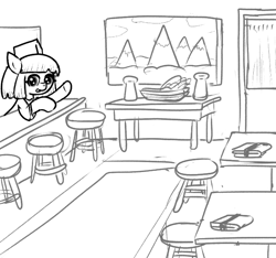 Size: 640x600 | Tagged: safe, artist:ficficponyfic, oc, oc:aji sushi, pony, bowl, colt quest, cyoa, female, friendly, hat, mare, monochrome, painting, restaurant, smiling, solo, spy, stool, story included, table, waving