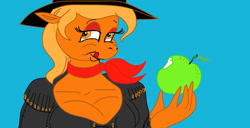 Size: 1280x656 | Tagged: safe, artist:georgieganarf, derpibooru import, applejack, anthro, 1000 hours in ms paint, apple, applerack, bandana, blue background, breasts, cleavage, eyeshadow, food, golden eyes, licking, licking lips, looking at you, makeup, simple background, tongue out, wrong eye color