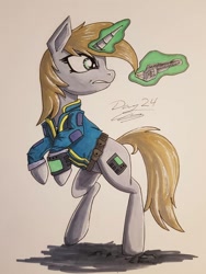 Size: 774x1032 | Tagged: safe, artist:sigilponies, oc, oc only, oc:littlepip, pony, unicorn, fallout equestria, clothes, fanfic, fanfic art, female, glowing horn, gun, handgun, hooves, horn, inktober, inktober 2019, levitation, little macintosh, magic, mare, pipbuck, rearing, revolver, simple background, solo, telekinesis, traditional art, vault suit, weapon