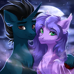 Size: 1874x1873 | Tagged: safe, artist:magicbalance, oc, oc:midnight reverie, oc:slashing prices, bat pony, pony, unicorn, bat pony oc, bust, couple, female, male, mare, moon, moonlight, night, night sky, particles, portrait, shipping, sky, smiling, stallion, unicorn oc