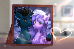 Size: 3000x2000 | Tagged: safe, alternate version, artist:magicbalance, oc, oc:midnight reverie, oc:slashing prices, bat pony, pony, unicorn, bat pony oc, bust, couple, female, heart, male, mare, moon, moonlight, particles, picture, picture frame, portrait, shipping, smiling, stallion, unicorn oc